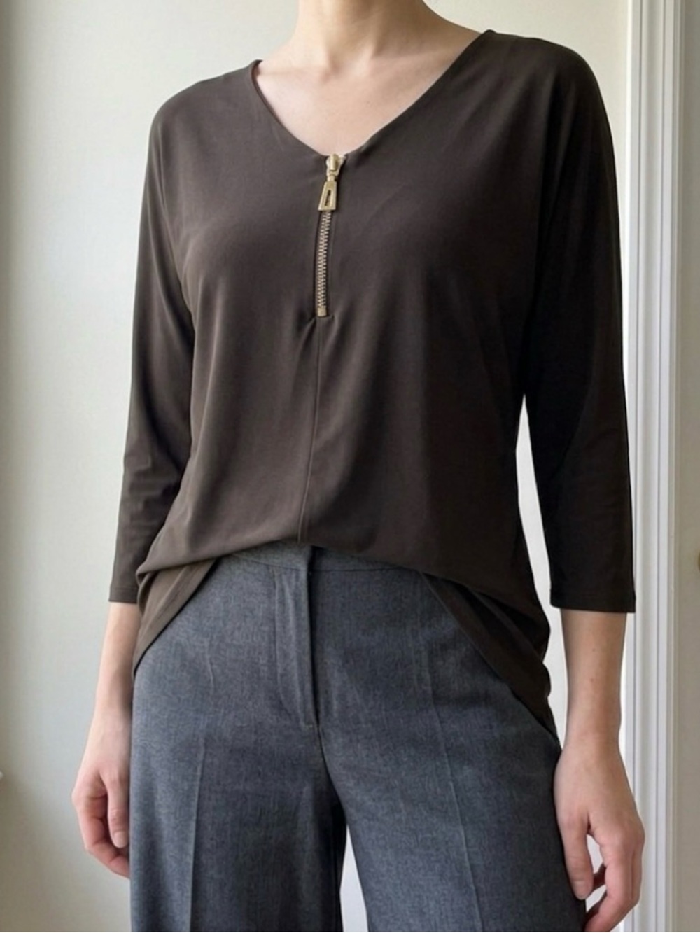 Carmen Marc Valvo Espresso Brown Zip Tunic S - 90s Minimalist Luxe Professional